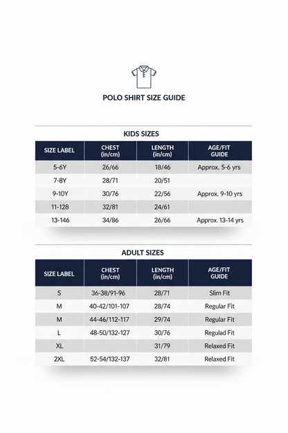 Polo shirt size guide for kids and adults on a white background