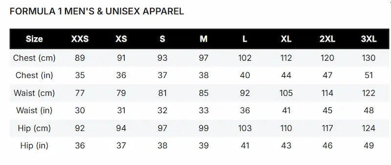 Size chart for Formula 1 men's and unisex apparel with measurements in centimeters and inches.