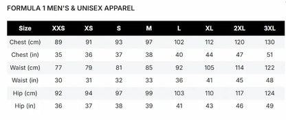 Size chart for Formula 1 men's and unisex apparel with measurements in centimeters and inches.