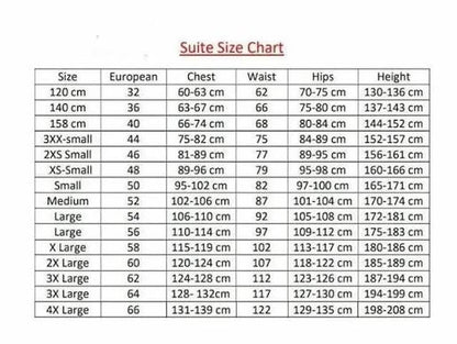 A size chart table titled 'Suite Size Chart' with columns for Size, European, Chest, Waist, Hips, and Height, listing measurements from 120 cm to 4X Large in black text on a white background.