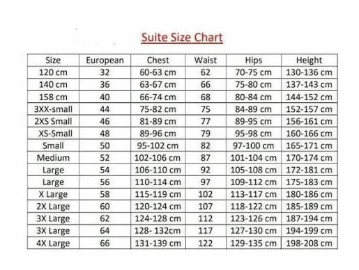 A size chart table titled 'Suite Size Chart' with columns for Size, European, Chest, Waist, Hips, and Height, listing measurements from 120 cm to 4X Large in black text on a white background.