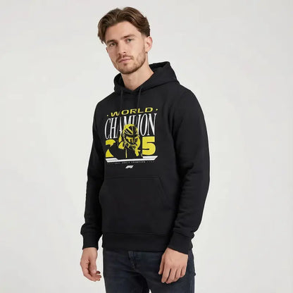Front view of black F1 World Champion hoodie with thematic graphic design.