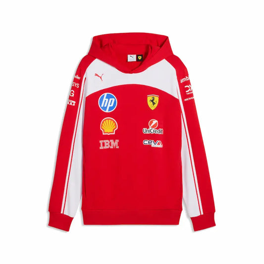 Official 2026 Scuderia Ferrari HP team hoodie in Rosso Corsa, featuring HP and Shell logos
