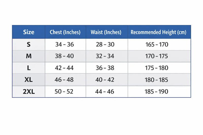 Size chart for clothing with chest, waist, and height measurements.