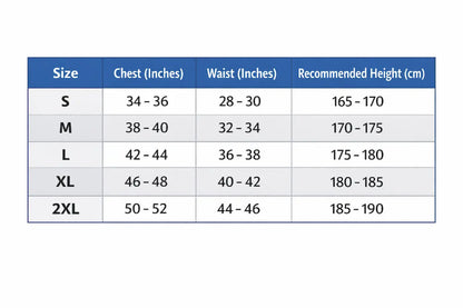 Size chart for clothing with chest, waist, and height measurements.