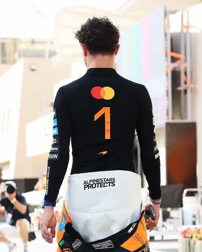 Back view of Lando Norris #1 McLaren 2026 inner compression shirt showing ergonomic stitching.