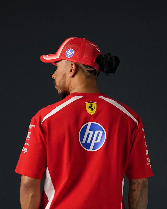 Back of Hamilton 2026 Ferrari shirt showing historic "HAMILTON | FERRARI" typography