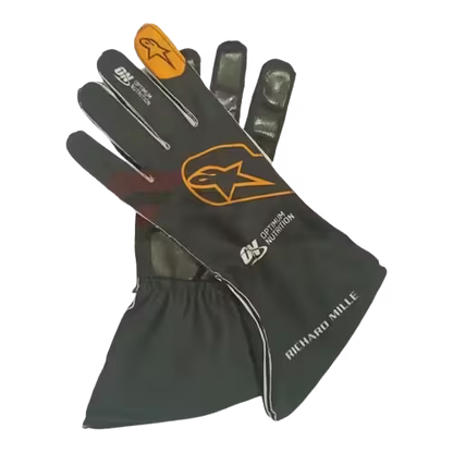 mclaren Black racing glove with orange logo on a transparent background