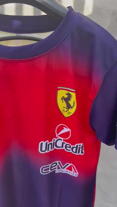 Close-up video of Lewis Hamilton Scuderia Ferrari HP China GP 2026 replica t-shirt featuring sublimation printing and authentic sponsor logos