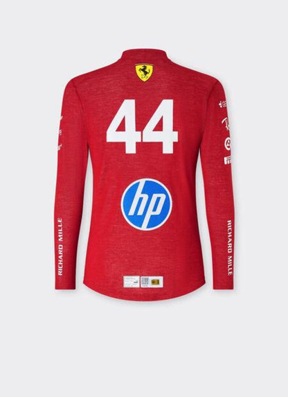 Red Ferrari compression shirt back side with number 44 and HP logo on a white background