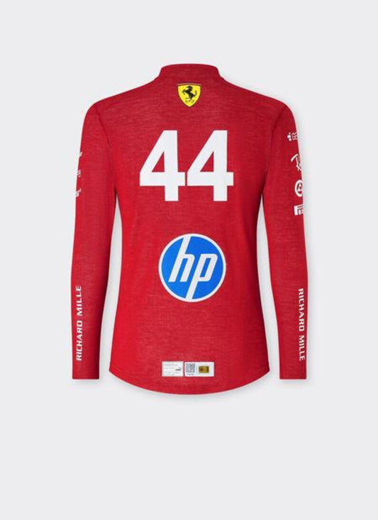 Red Ferrari compression shirt back side with number 44 and HP logo on a white background