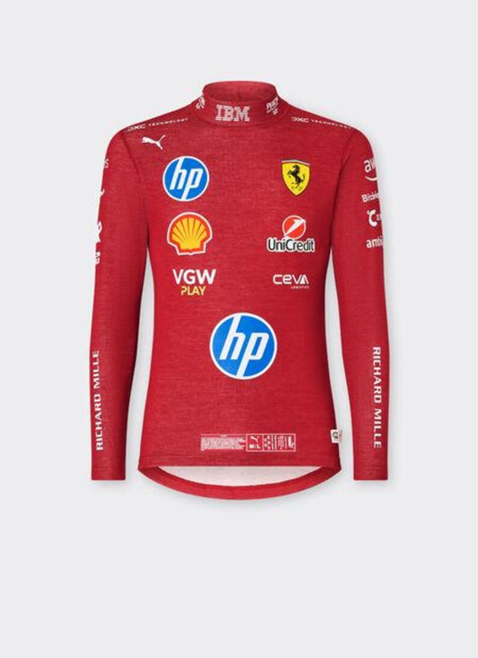 Ferrari sleeveUneer suit shirt with various brand logos on a white background