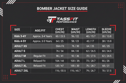 Tassfit Performance bomber jacket size guide on a black background
