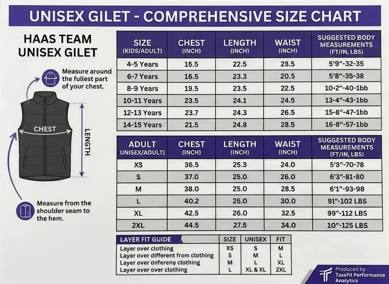 Comprehensive size chart for Haas Team Unisex Gilet from 4-5 years kids to 2XL adults by TassFit Performance
