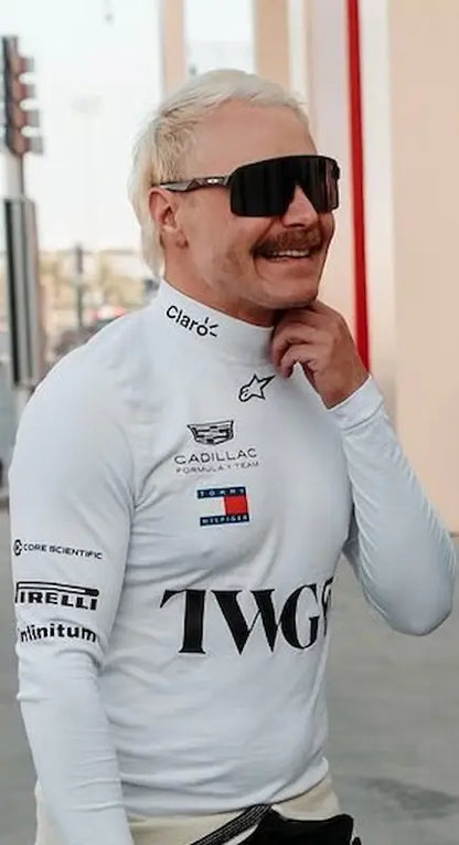 Valtteri Bottas in the white 2026 Cadillac Formula 1 Team Lycra undersuit with Claro and Pirelli branding